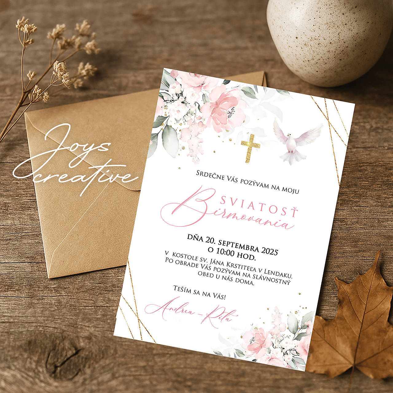 Pozvánka na sviatosť birmovania, pozvánka na birmovku (ružové kvetiny)