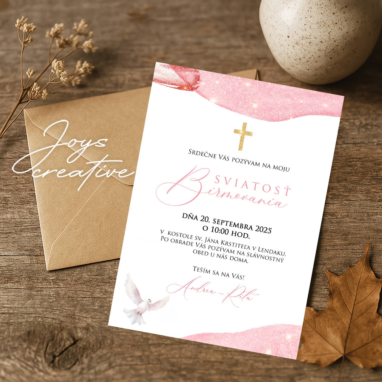 Pozvánka na sviatosť birmovania, pozvánka na birmovku (ružová jednoduchá)