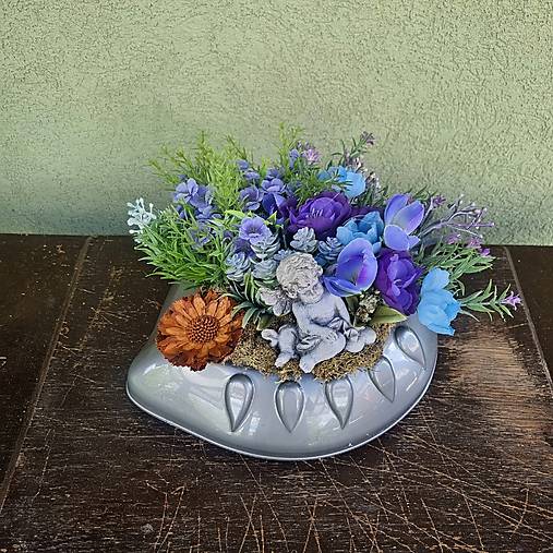 Dekorácie - Dušičky - zaťažená modrá ikebana na hrob s anjelom č.123 - dekorácia - 17740762_