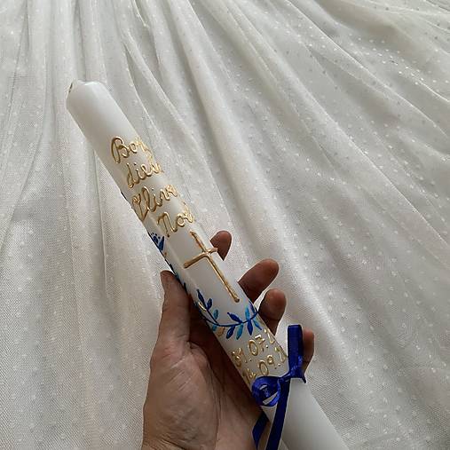 Ručne maľovaná krstná svieca s personalizáciou – 35 cm, biely vosk (Ľudovoladena modro zlatá)