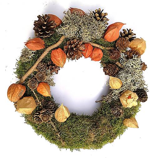 Dekorácie - Prírodný jesenný machový veniec - 17744735_