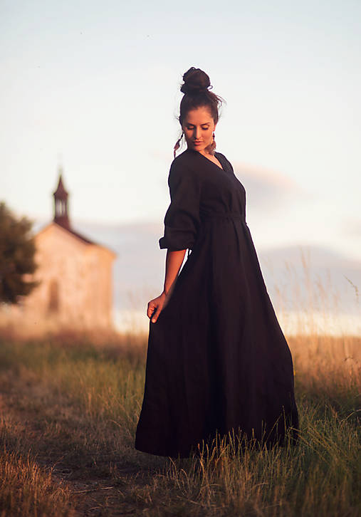 Šaty - Lněné maxišaty Černé s vázáním - 17746021_