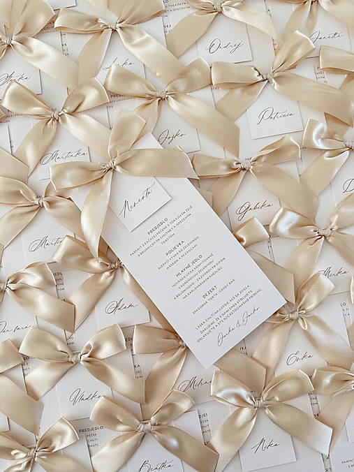 Papiernictvo - Svadobné menu DL s menovkou a béžovou mašľou - 17748073_