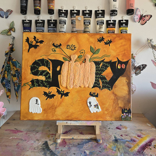 Obrazy - Originálny ručne maľovaný obraz s veľkými 3D efektami, SPOOKY nápis, Halloween, 3D tekvice - 17749331_