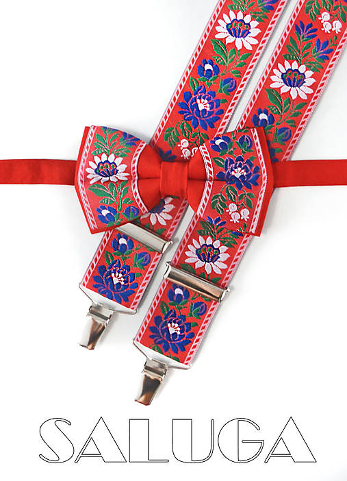 Pánske doplnky - Set - folklórny pánsky motýlik a traky - červený - folk - 17752008_