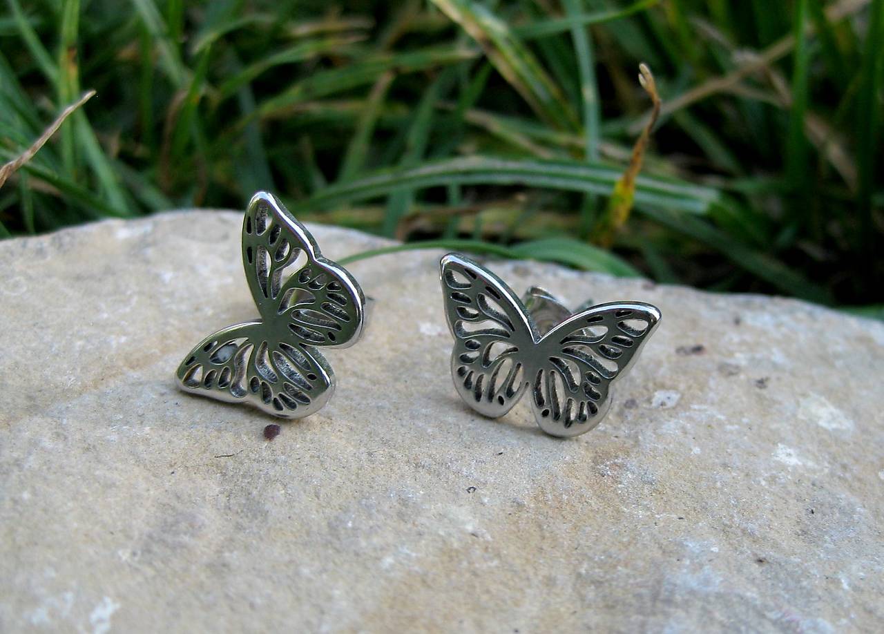 Napichovacie náušnice Motýľ - nerez, 1 pár (farba platina)