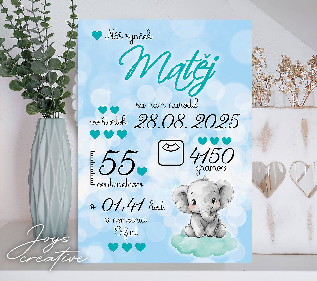 Tabuľka pre bábätko s údajmi o narodení so sloníkom