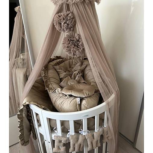 Detský textil - BALDACHÝN NAD POSTIEĽKU béžový s 2 pom poms - 17749743_
