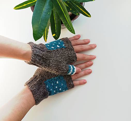 Rukavice - Bezprstove hnedo - tyrkysové  - 17754026_