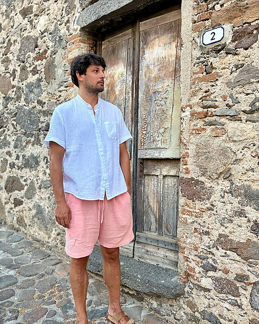 Pánske oblečenie - Ľanovo mušelínová pánska košeľa so stojačikom  - 17759321_