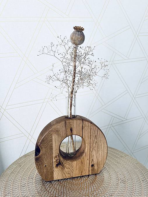 Dekorácie - Váza z dubového dreva so skúmavkou - 17761231_