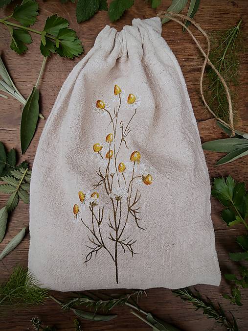 Úžitkový textil - Ľanové vrecúško na bylinky - varianty (Kamilky) - 17763534_