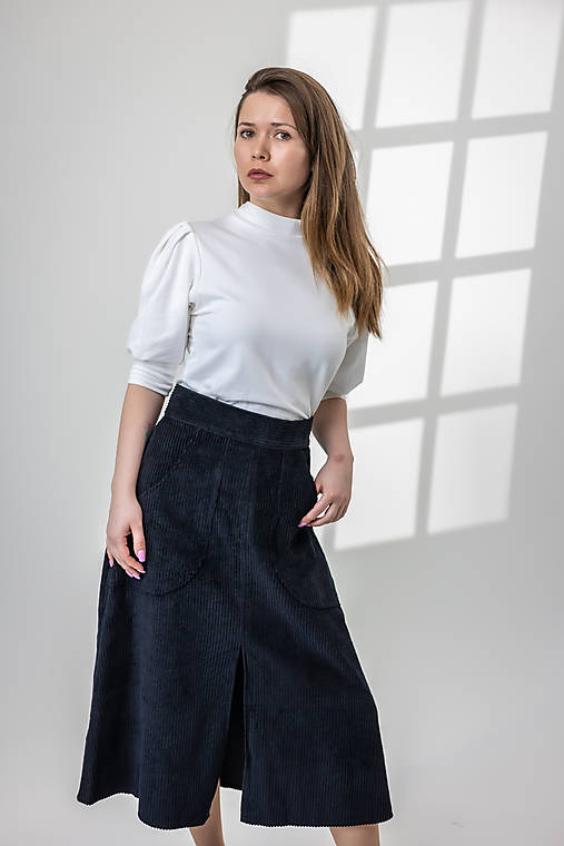 Sukne - Menčestrová sukňa midi čierna Ela - 17769453_