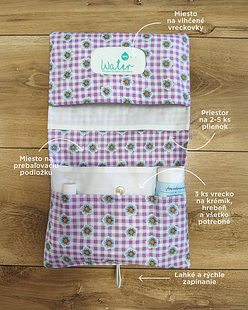 Detské doplnky - Praktický organizér na plienky s fialovým karom a kvietočkami - 17769821_