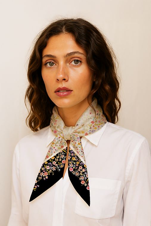 Šatky - Saténová šatka BLOOM - Personalizovaná // Autorský dizajn  (Saténová šatka / 70 x 70 cm / Black) - 17772539_