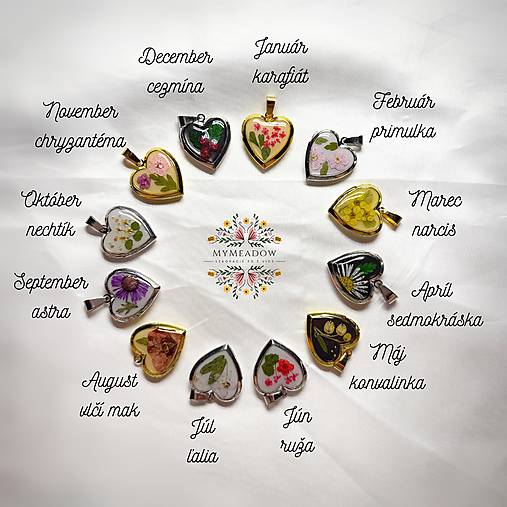 Náhrdelníky - Otvárací medailón s kvetmi podľa mesiaca narodenia - srdiečko - sušené kvety a živica - 17775288_