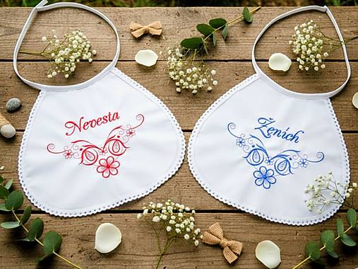 Iné doplnky - Svadobné podbradníky Nevesta a ženích na bielej bavlne - 17776143_