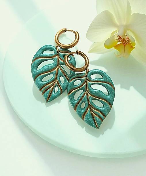 Náušnice - Visiace náušnice  listy monstery, nerezová oceľ - 17776282_