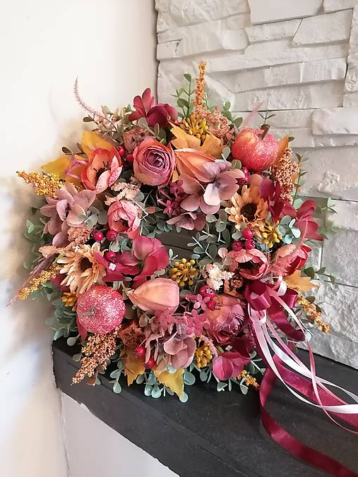 Dekorácie - Jesenný veniec s tekvicami a mašlou 30ccm - 17778614_