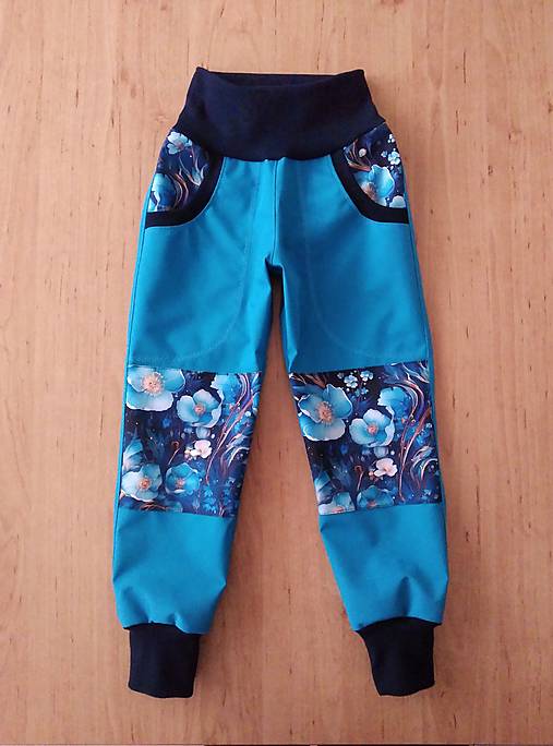 Detské oblečenie - Softshellky tyrkysové kvety - 17780047_