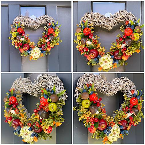 Jesenný veniec srdce na prútenom základe dekorácia na dvere 32cm Venček J12