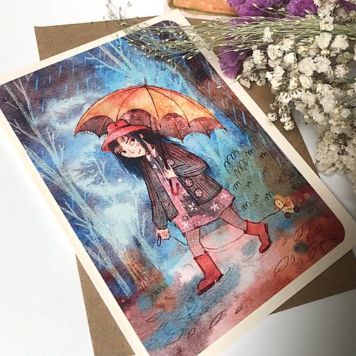 Papiernictvo - Prechádzka v daždi- otváracia karta. - 17784049_