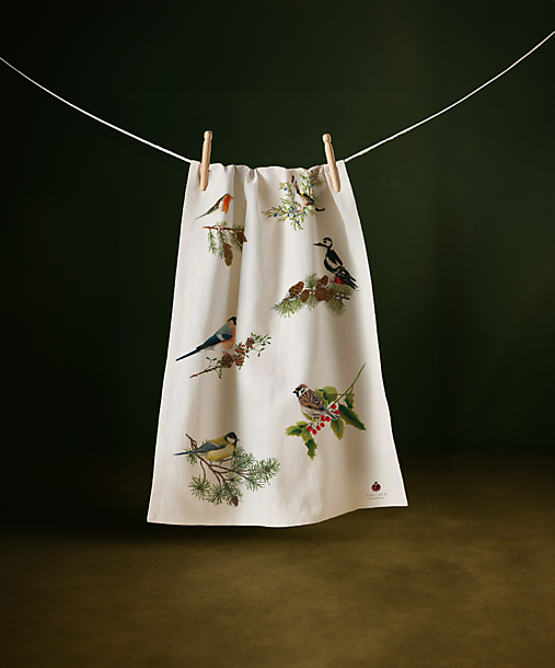 Úžitkový textil - Kuchynská utierka s vtáčikmi – autorský prírodný dizajn (OEKO-TEX) - 17784334_