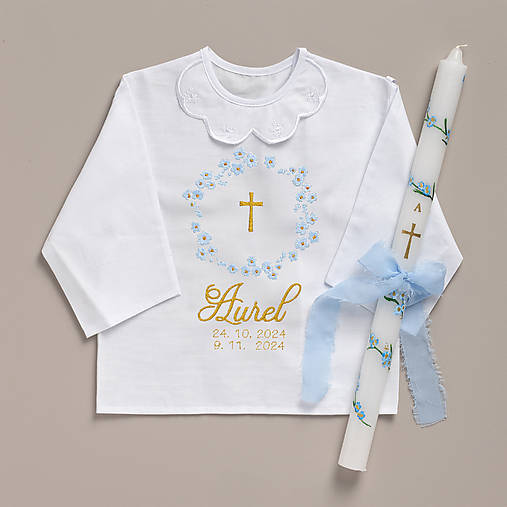 Detské oblečenie - Set košielka a sviečka na krst_nezábudky (set bez personalizovanej darčekovej krabičky) - 17786657_
