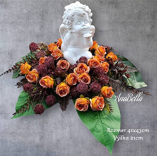 Dekorácie - Ikebana, kahanec na hrob  (Anjel s oranžovými ružami) - 17787701_