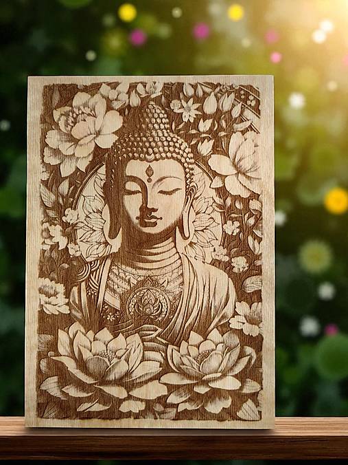 Obrazy - Budha, Meditačný drevený vypaľovaný obraz + stojan  - 17787779_