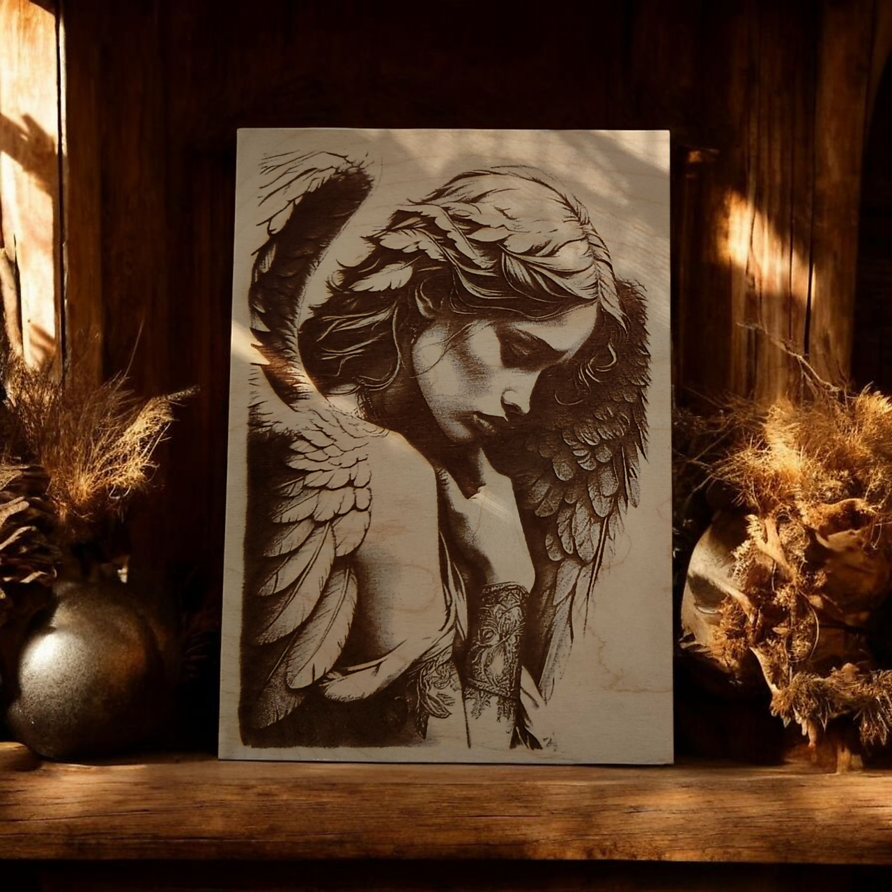 Obrazy - Anjel, Drevený vypaľovaný obraz + stojan     - 17787585_