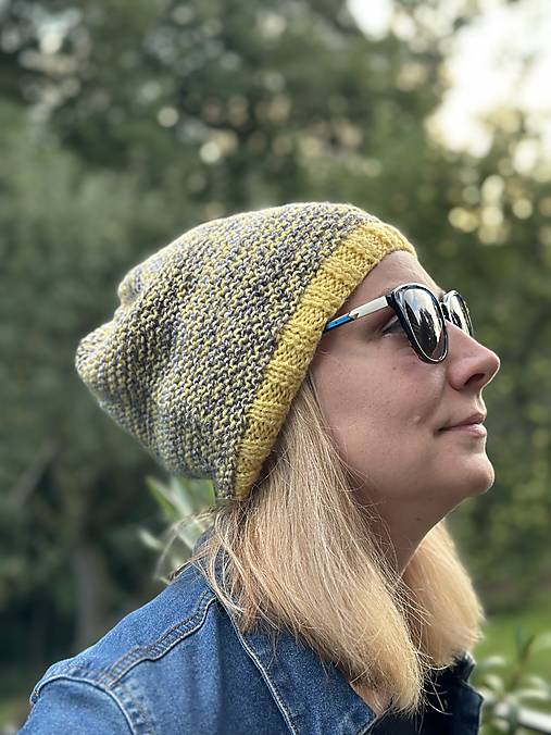 Čiapky, čelenky, klobúky - Žlto šedá melírová čiapka - 17789313_