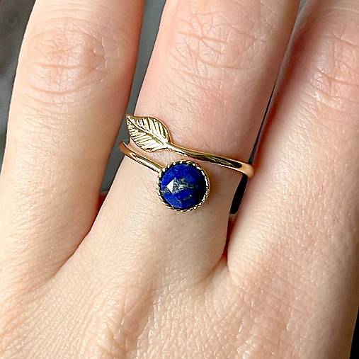 Simple Leaf Lapis Lazuli Ag925 Gold Plated Ring / Strieborný pozlátený prsteň s brúseným lazuritom E001