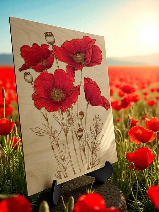 Obrazy - Červené divoké maky, Drevený vypaľovaný obraz + stojan  - 17789400_