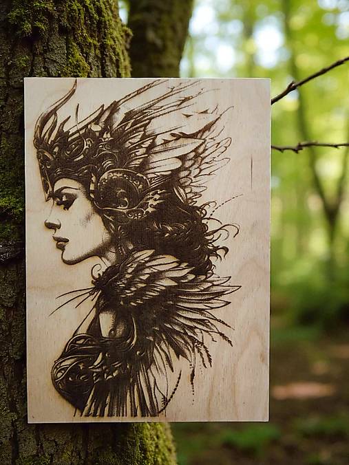 Obrazy - Drevený vypaľovaný obraz, žena bojovník (so stojanom) - 17789409_