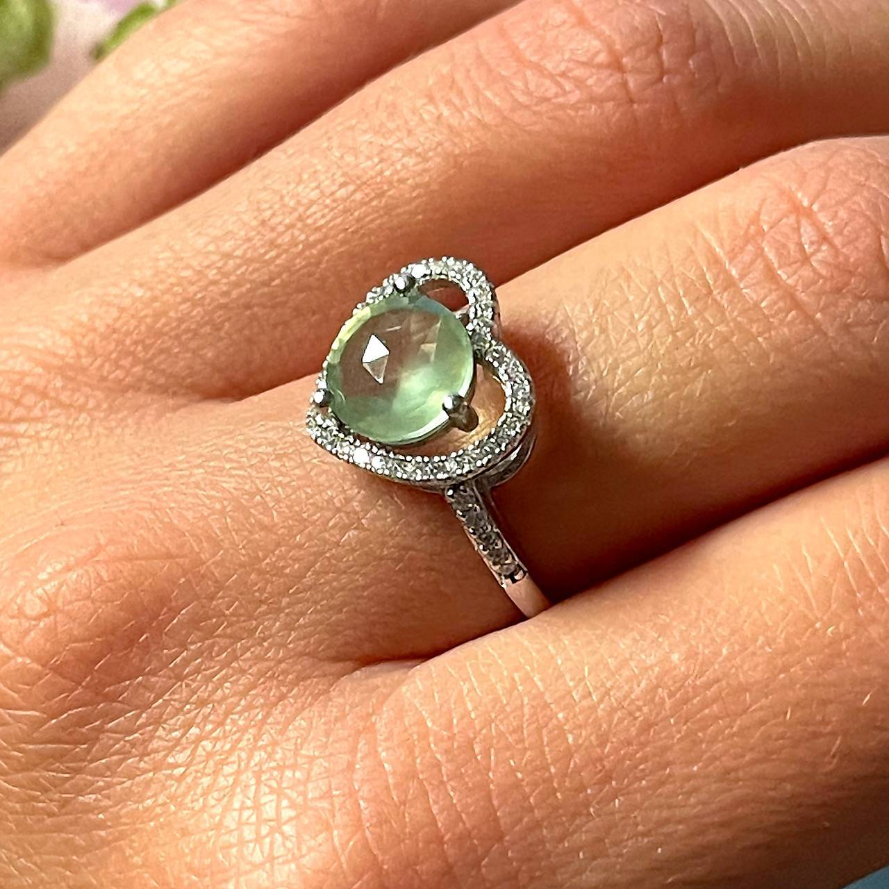 ZĽAVA 20% Heart Prehnite Zircone Ring Ag925 / Strieborný prsteň s prehnitom a zirkonikm A100