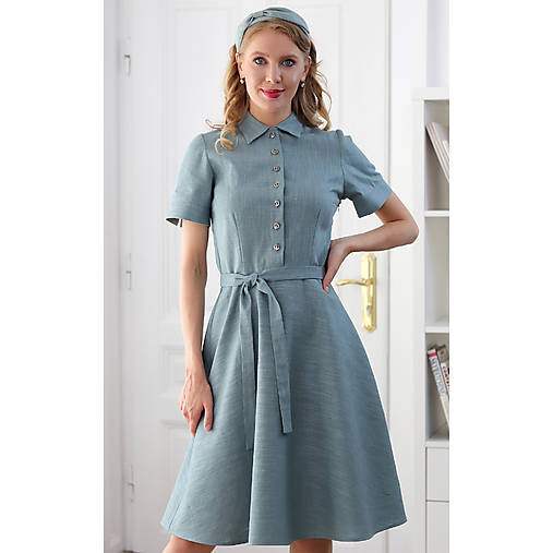 Šaty - Leona - ľanové košeľové šaty, šedo zelené - 17794248_