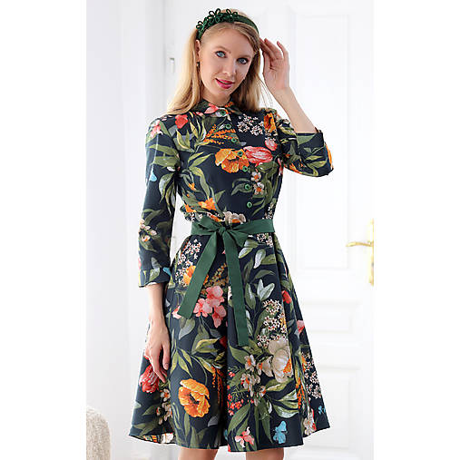 Šaty - Leona - košeľové šaty s kvetmi na zelenej, 3/4 rukáv - 17794402_