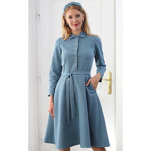 Šaty - Irene - ľanové košeľové šaty s vreckami, šedo-modré - 17794454_