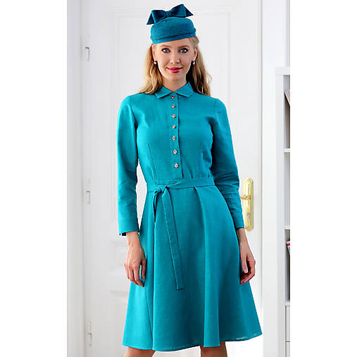 Šaty - Leona - ľanové košeľové šaty, smaragdové - 17795677_