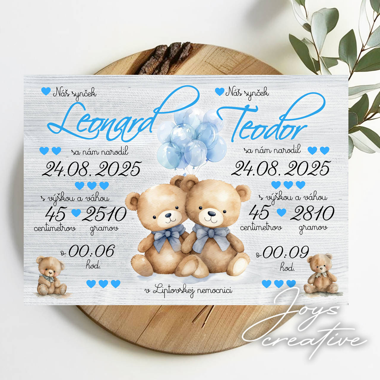 Tabuľka pre bábätko - súrodenecká pre dvojičky (s macíkmi)