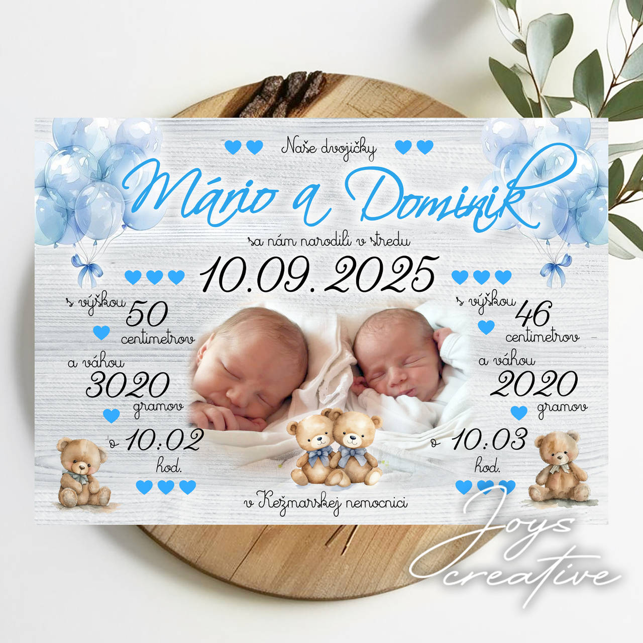 Tabuľka pre bábätko - súrodenecká pre dvojičky (s fotkou)