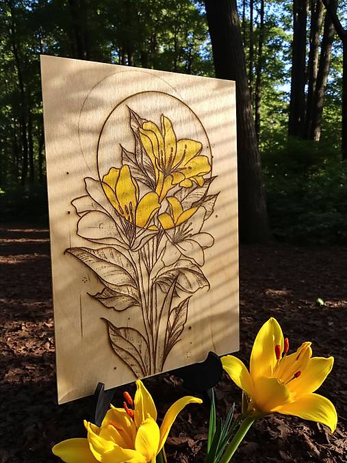 Obrazy -  Žlté ľalie,  Abstraktný drevený vypaľovaný obraz (so stojanom ) - 17795261_