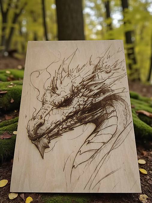 Obrazy - Hlava draka, Drevený vypaľovaný obraz + stojan  - 17796117_