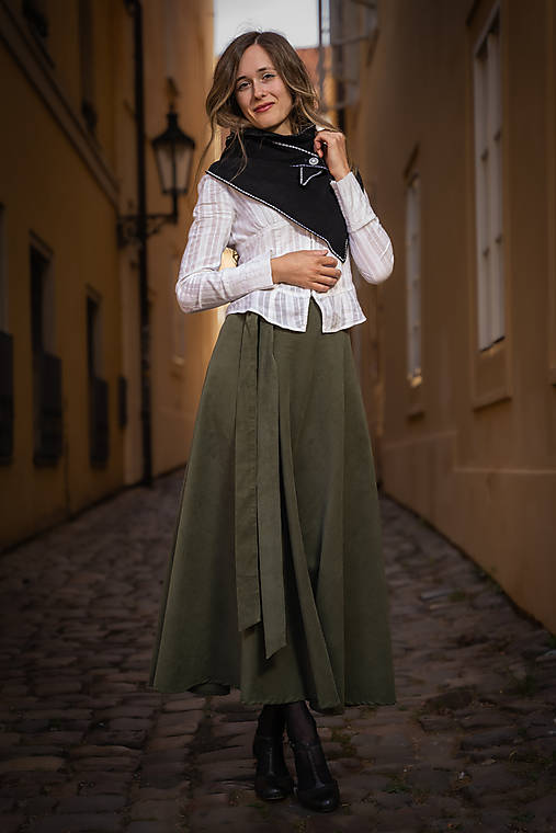 Sukne - PŮLKOLOVÁ MANŠESTROVÁ SUKNĚ - KHAKI - 17799459_