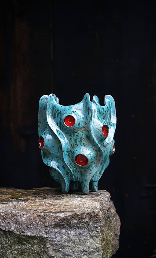 Nádoby - Organický kvetináč na nožičkách tyrkysový s červenou - 17799396_