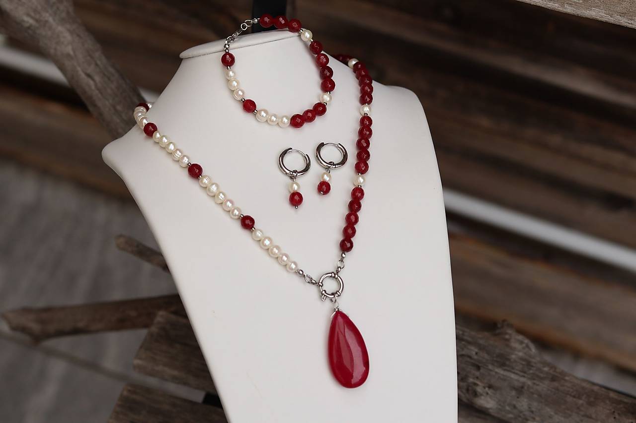 3- dielna súprava - jadeit, perly