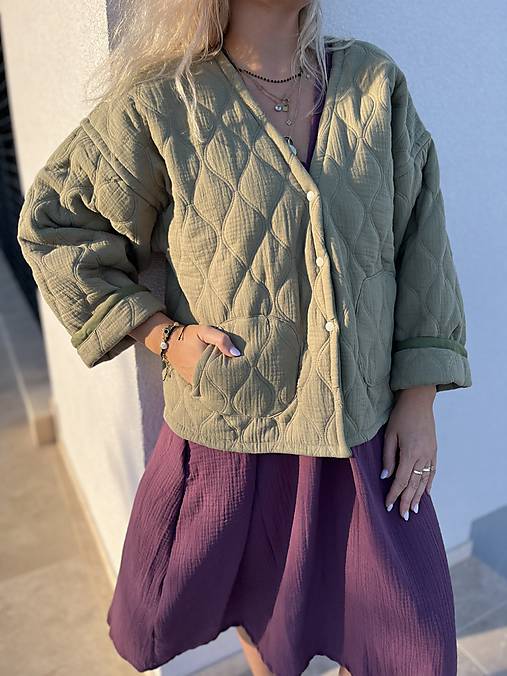 Bundy a kabáty - Kimono bunda prešívaný mušelín GREEN - 17802085_
