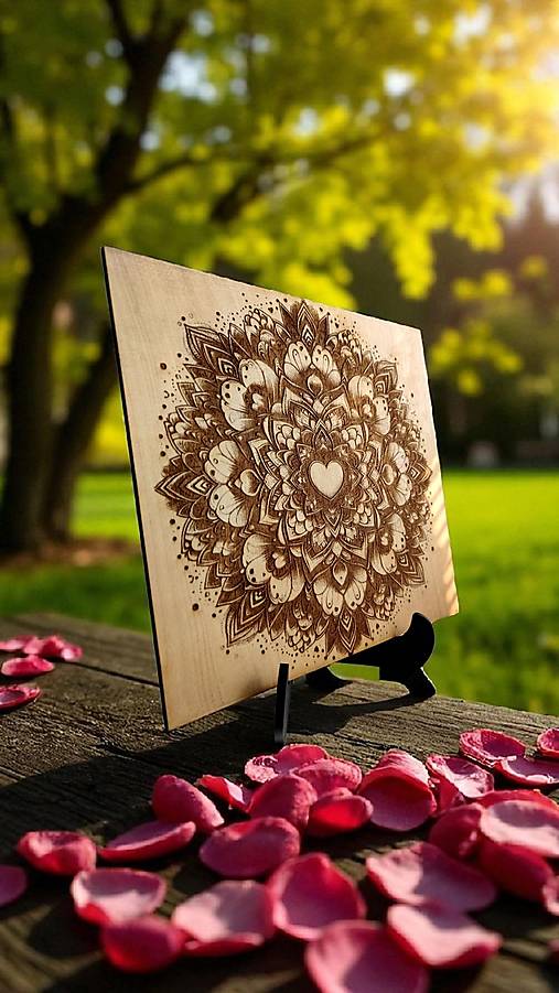 Obrazy - Mandala lásky ,Drevený vypaľovaný obraz + stojan  - 17803678_
