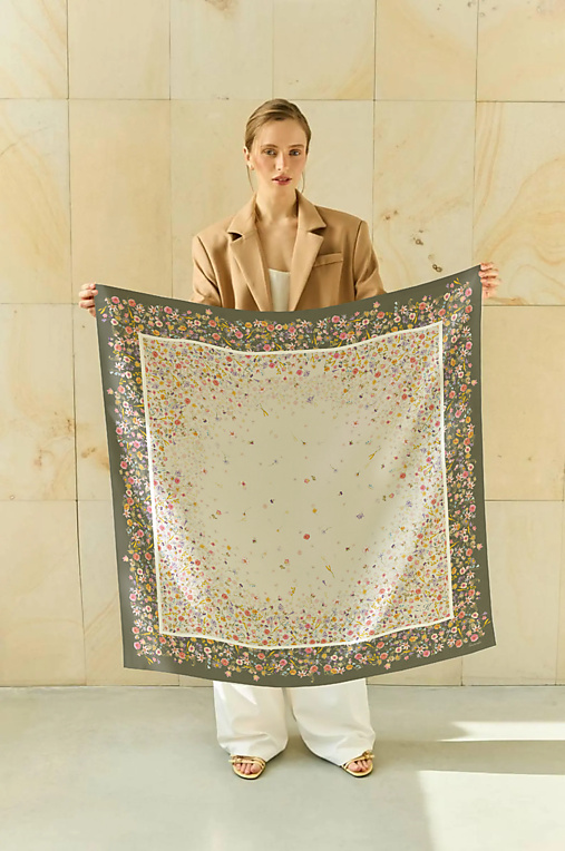 Šatky - Saténová šatka BLOOM - Personalizovaná // Autorský dizajn  (Saténová šatka / 50 x 50 cm / Olivovo zelená) - 17803680_